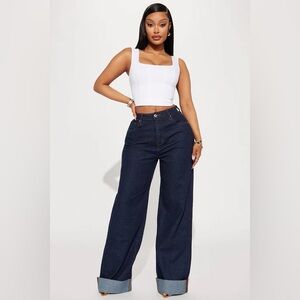 Fashion Nova The Audacity Cuffed Wide Leg Jeans - Dark Wash Women's Size 15 NWT